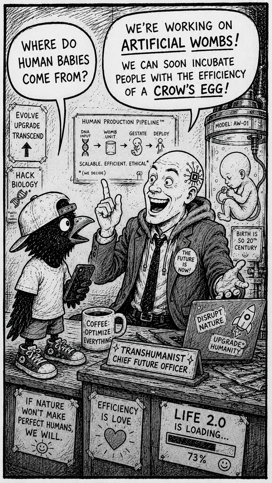 Crow Joe in the Age of AI comic - Kid Crow, crow representing the younger generation with backwards hat and smartphone in hand, asks the transhumanist, cluelessly over eager techbro technocrat with business suit over hoodie and bald head with visible brainchip, 'where do human babies come from?' the transhumanist responds excitedly 'We''re working on artificial wombs! we can soon incubate people with the efficiency of a crow's egg!' the background shows a human baby in an incubation tube.  The dark joke is people being hatched like eggs is a real emerging technology of artificial human wombs the transhumanists are working on.  this is not entirely science fiction anymore.